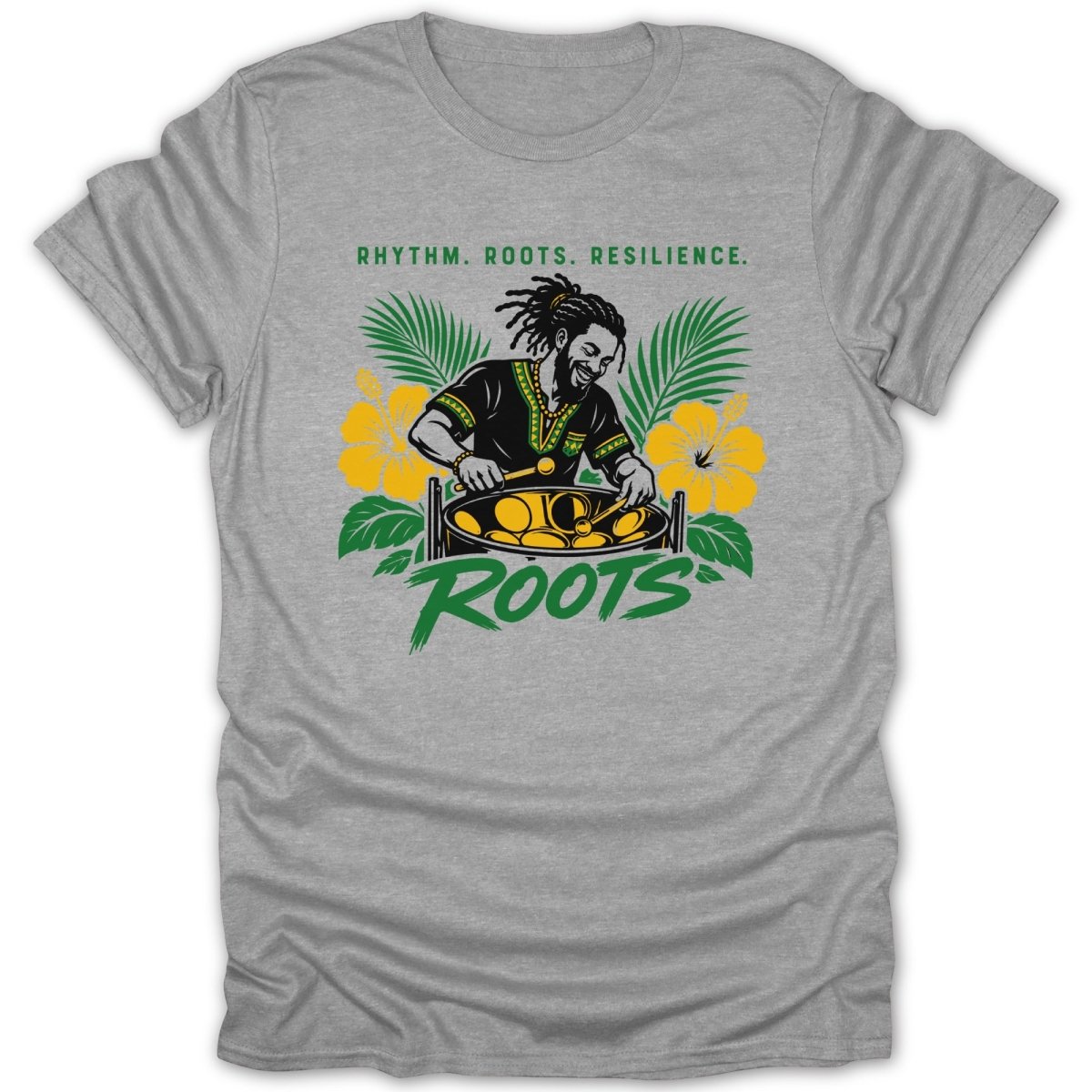 Man playing steel drum with "ROOTS" text, flowers, and palm leaves.