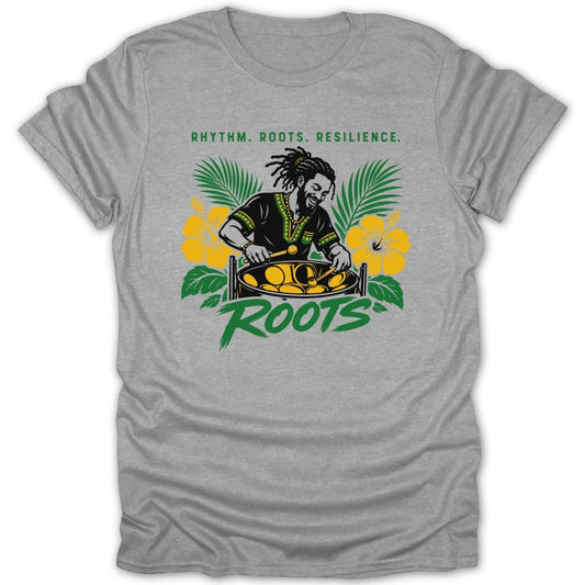 Man playing steel drum with "ROOTS" text, flowers, and palm leaves.