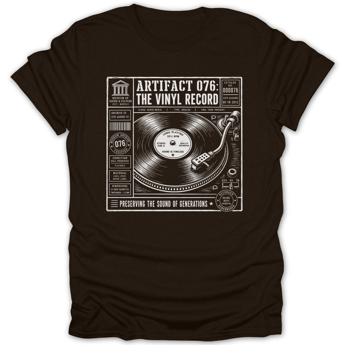 T-shirt graphic depicting a museum archive label for a vinyl record with turntable illustration.