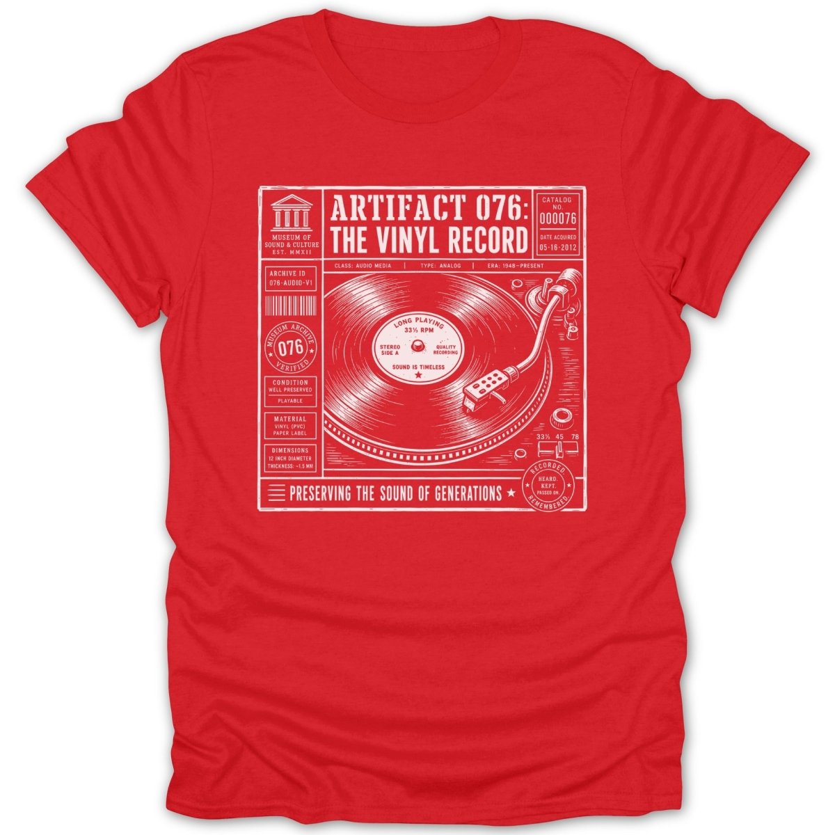 Red t-shirt with white graphic of a turntable, record, and artifact details.