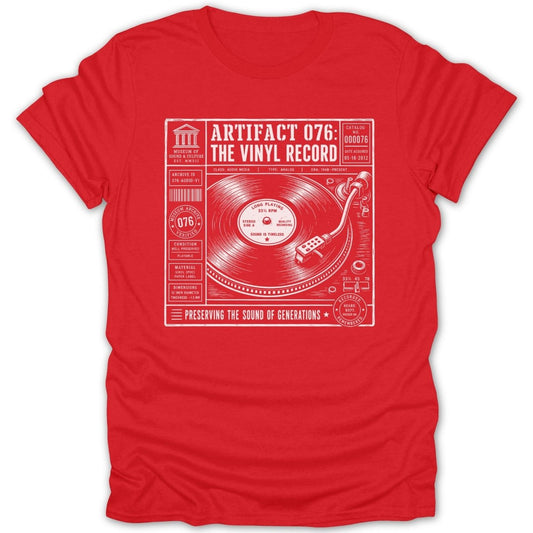 Red t-shirt with white graphic of a turntable, record, and artifact details.