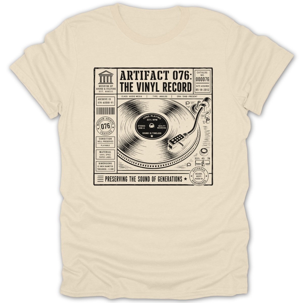 T-shirt graphic featuring a vintage record player, turntable, and record label.