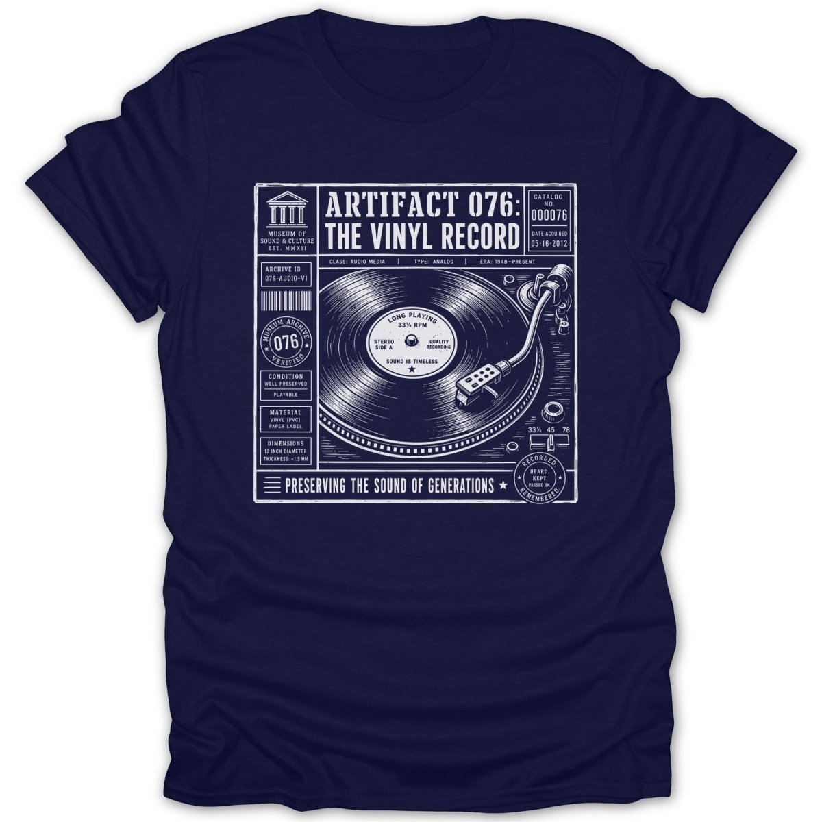 White line art on navy t-shirt depicts a record player and album details.