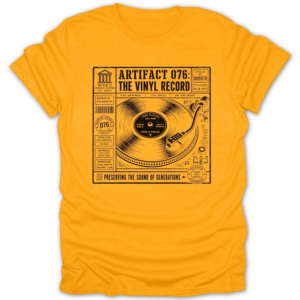 Black illustration on yellow t-shirt showing a record player with text detailing an artifact.