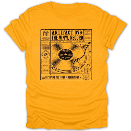 Black illustration on yellow t-shirt showing a record player with text detailing an artifact.