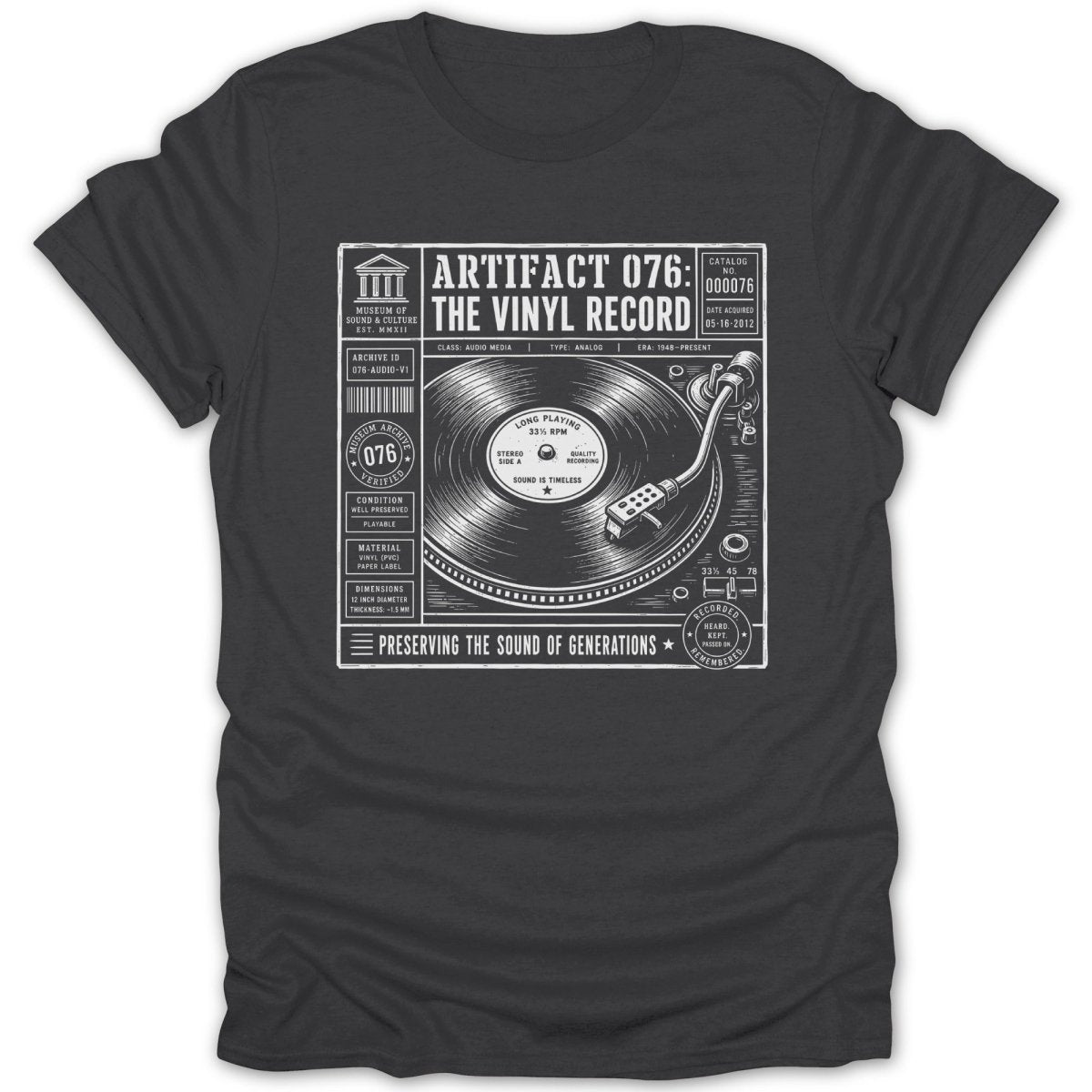 T-shirt graphic featuring vintage record player and museum archive details about vinyl.