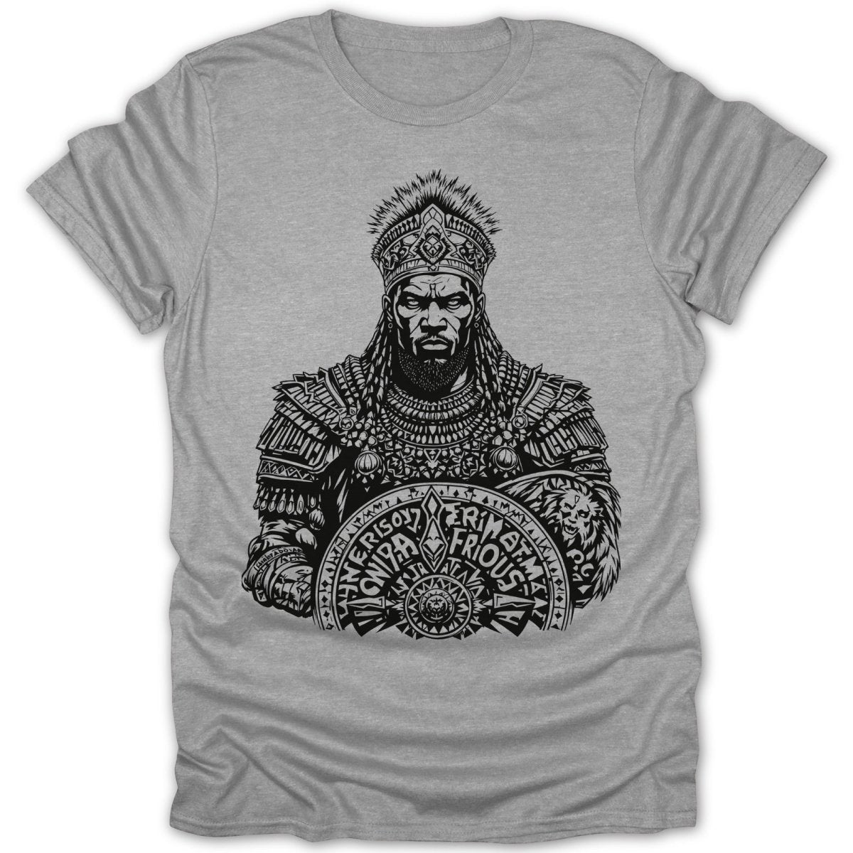 Black and white linework of a warrior king wearing a crown, armor, and holding a shield with text.