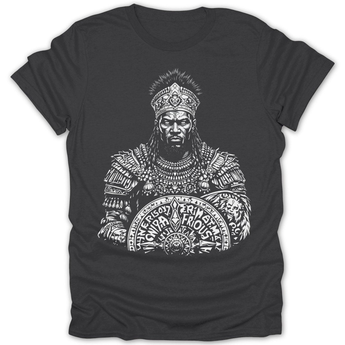 King with crown and ornate armor holds shield with text and lion emblem.