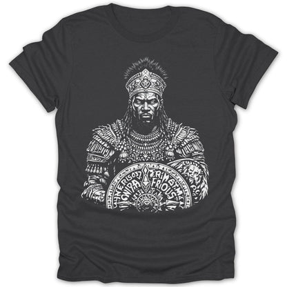 King with crown and ornate armor holds shield with text and lion emblem.