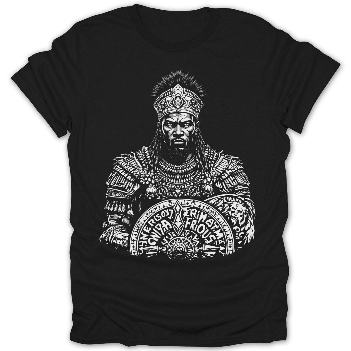 Black t-shirt with a black and white illustration of a crowned warrior holding a decorated shield.