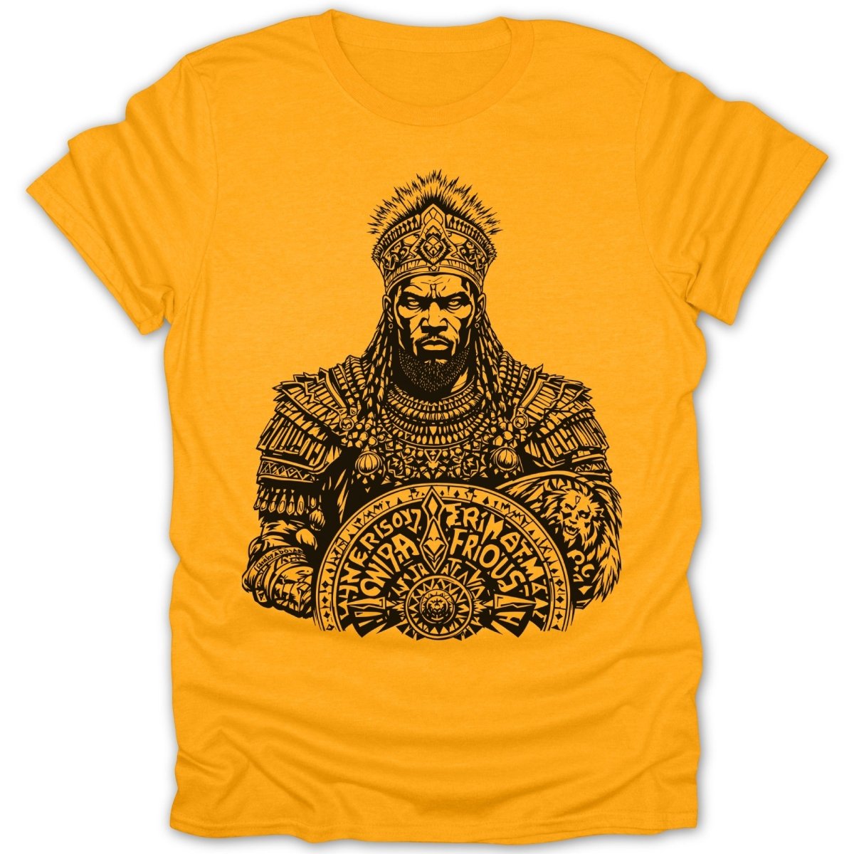 T-shirt with black ink illustration of a king holding a shield with text.