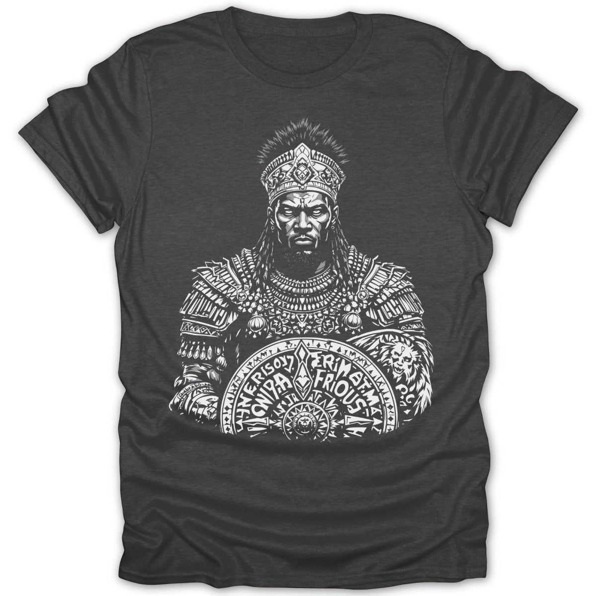 T-shirt with a king wearing a crown and armor, holding a shield with text.