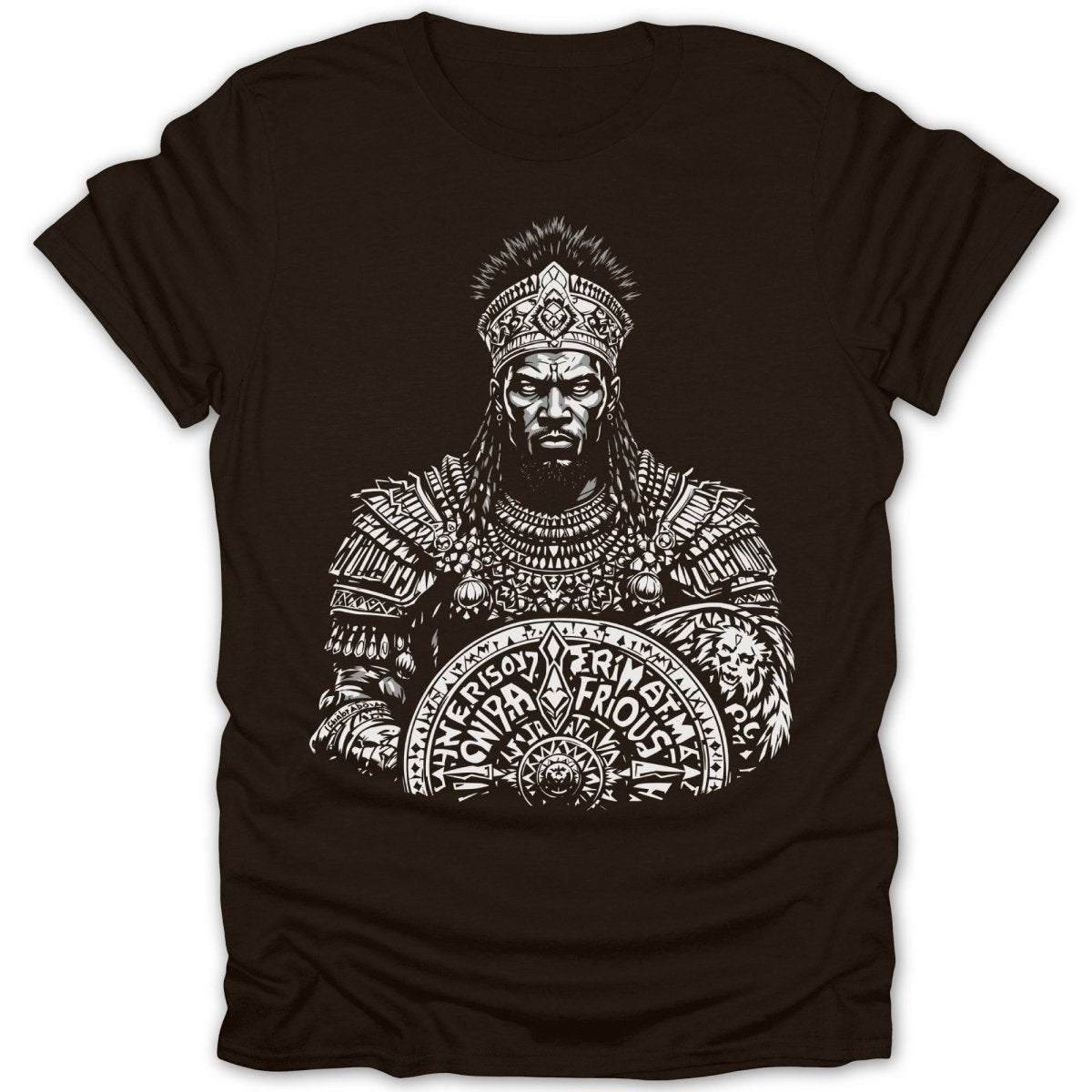 T-shirt with monochrome graphic of a crowned warrior holding a detailed shield with text.