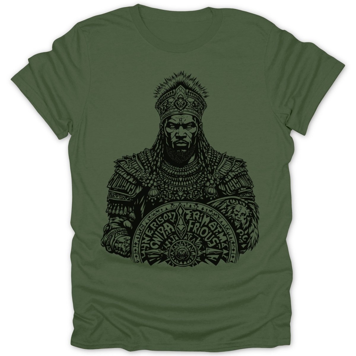Black ink illustration of crowned warrior holding shield with text on olive green t-shirt.