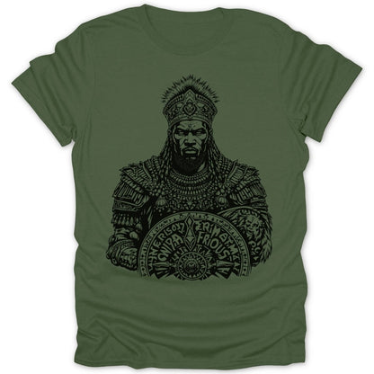 Black ink illustration of crowned warrior holding shield with text on olive green t-shirt.