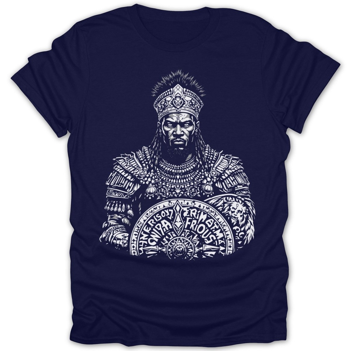 Monk holding a shield with text and lion imagery.