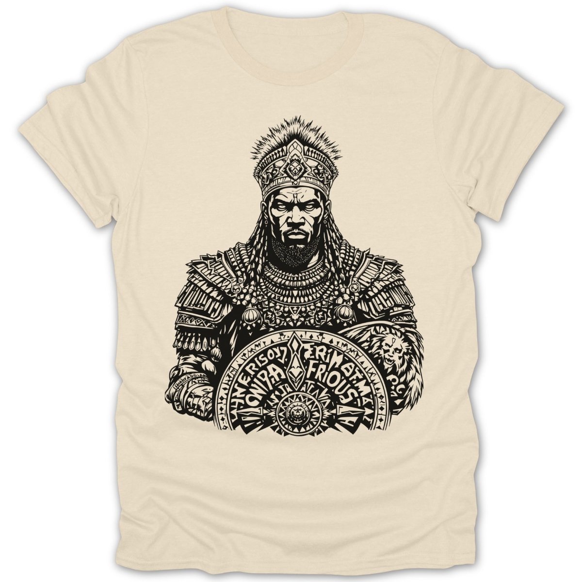 Black and white regal warrior with crown and ornate shield on cream t-shirt.