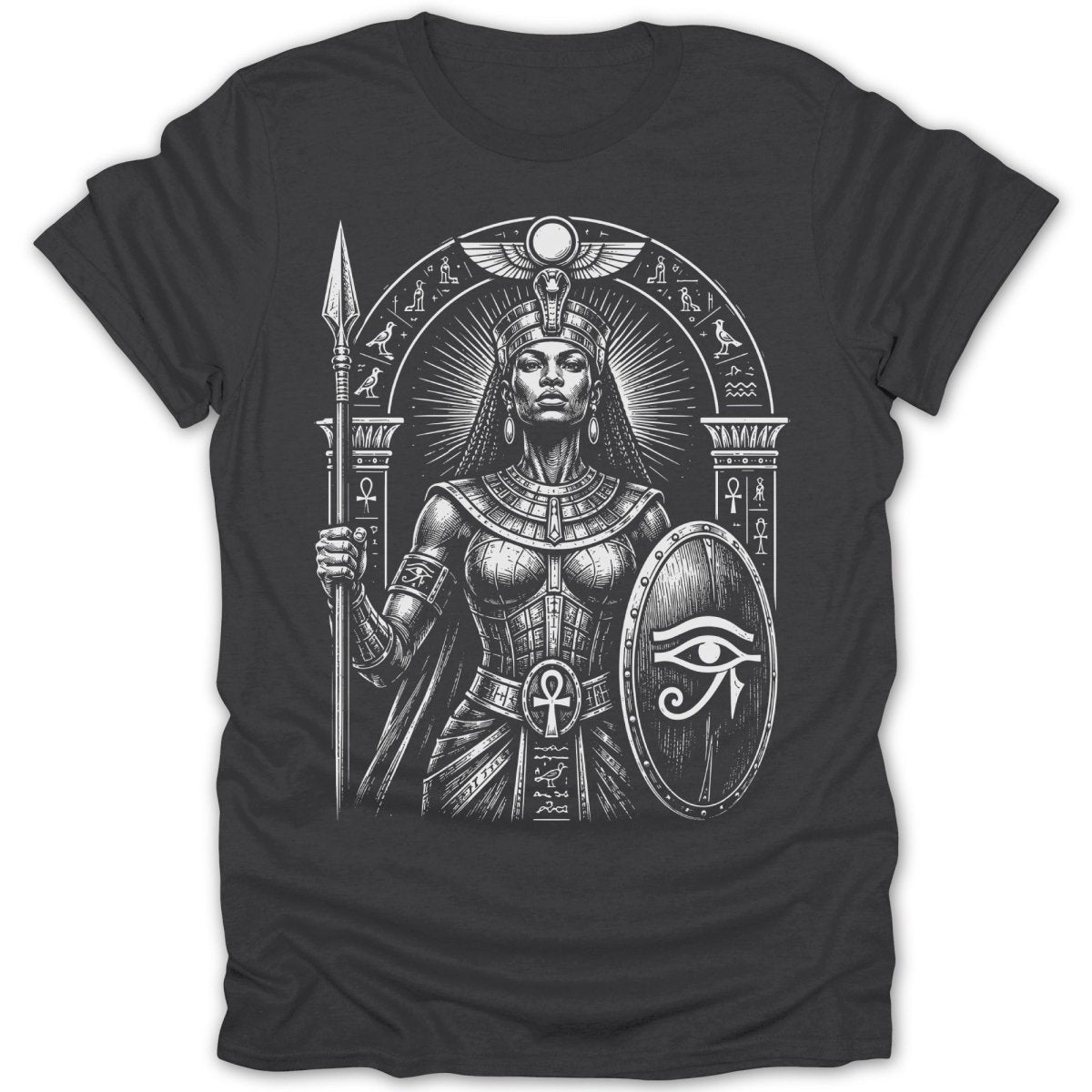 Egyptian warrior queen holding spear and shield, adorned with headdress and jewelry.