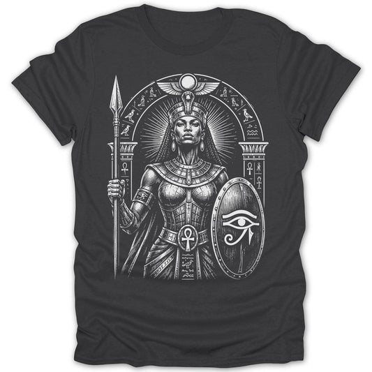 Egyptian warrior queen holding spear and shield, adorned with headdress and jewelry.