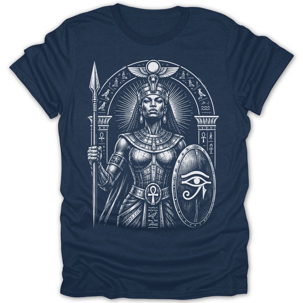 Egyptian warrior queen holding spear and shield with hieroglyphs.