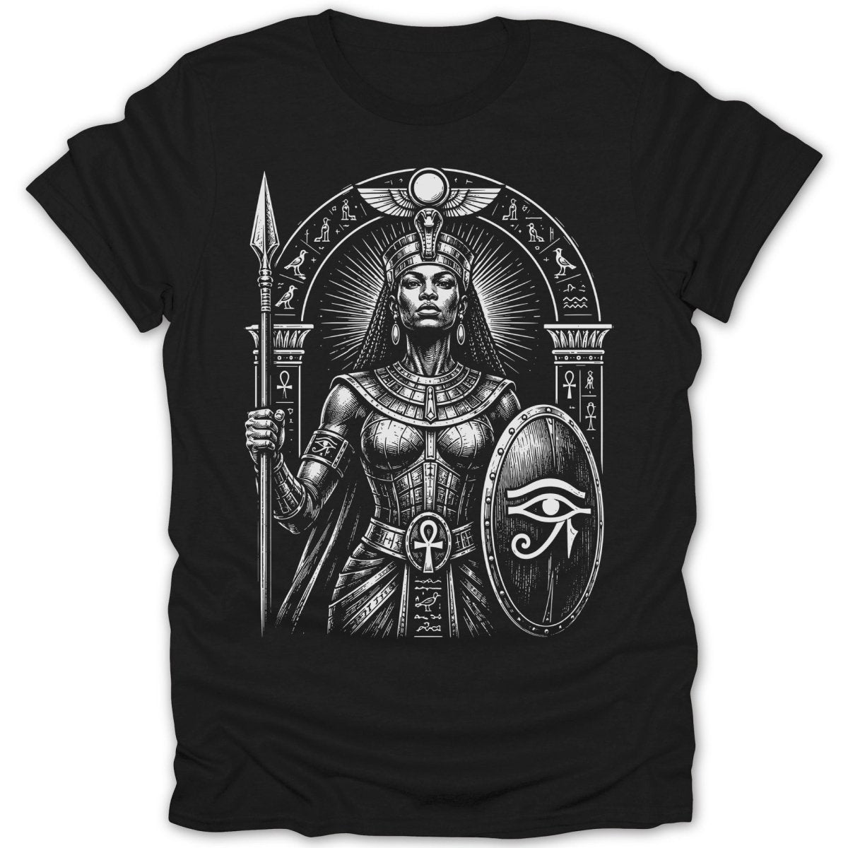 Egyptian queen with spear and shield, wearing elaborate headdress and armor.