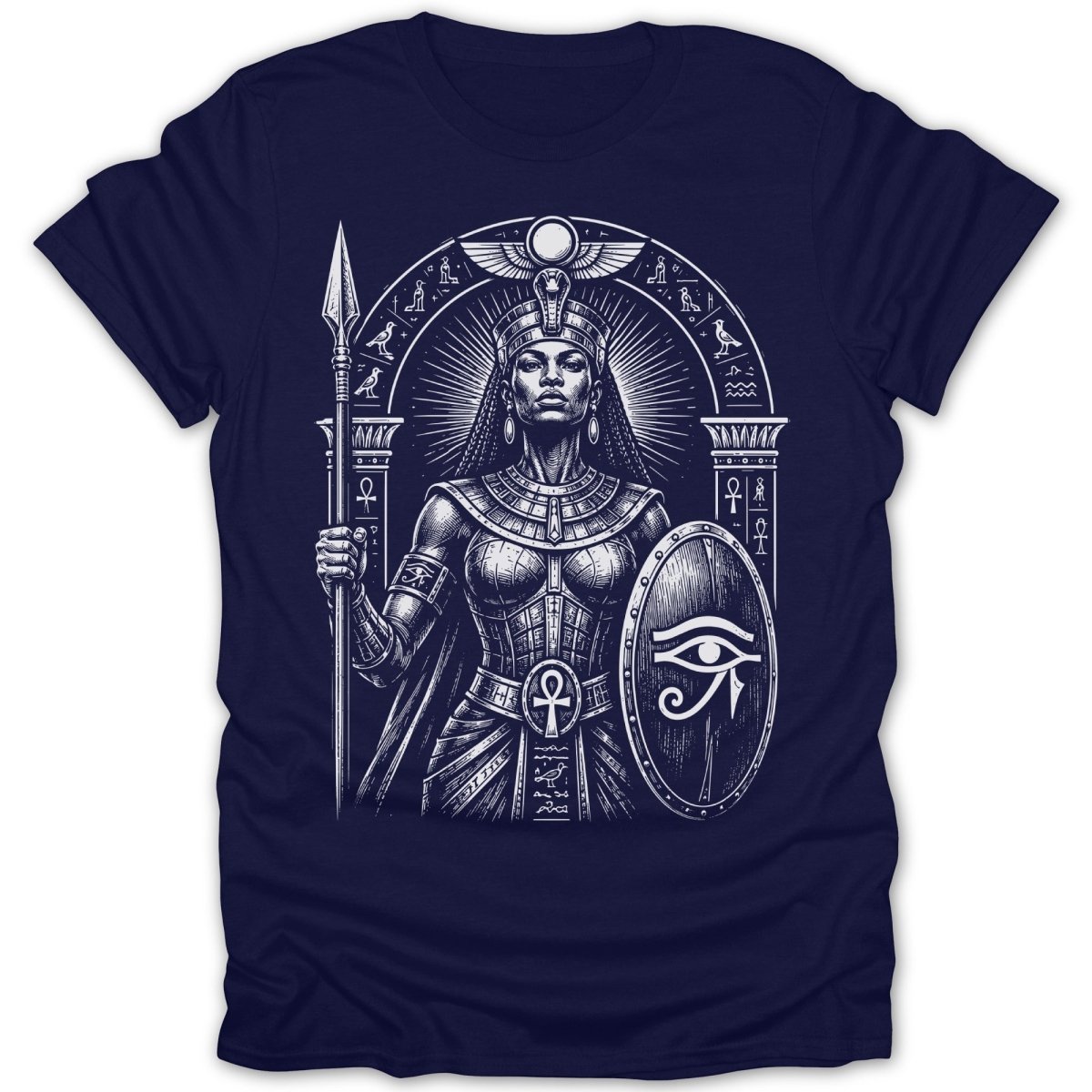 Egyptian warrior queen with spear and shield in ancient Egyptian-style art.