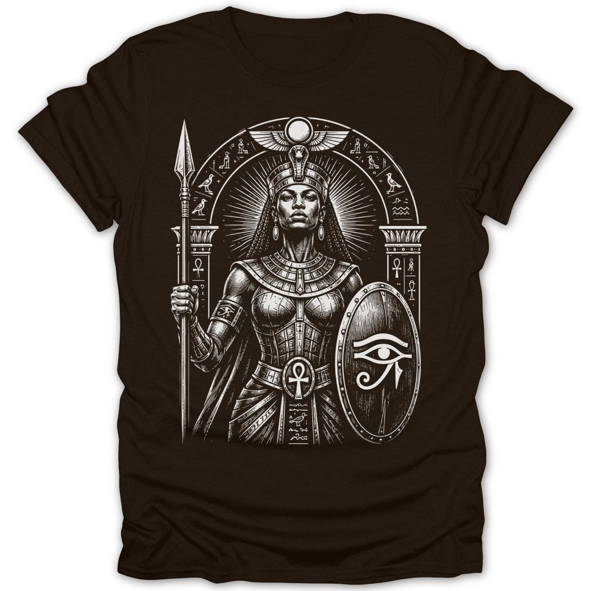 Egyptian warrior queen with spear and eye of Ra shield.