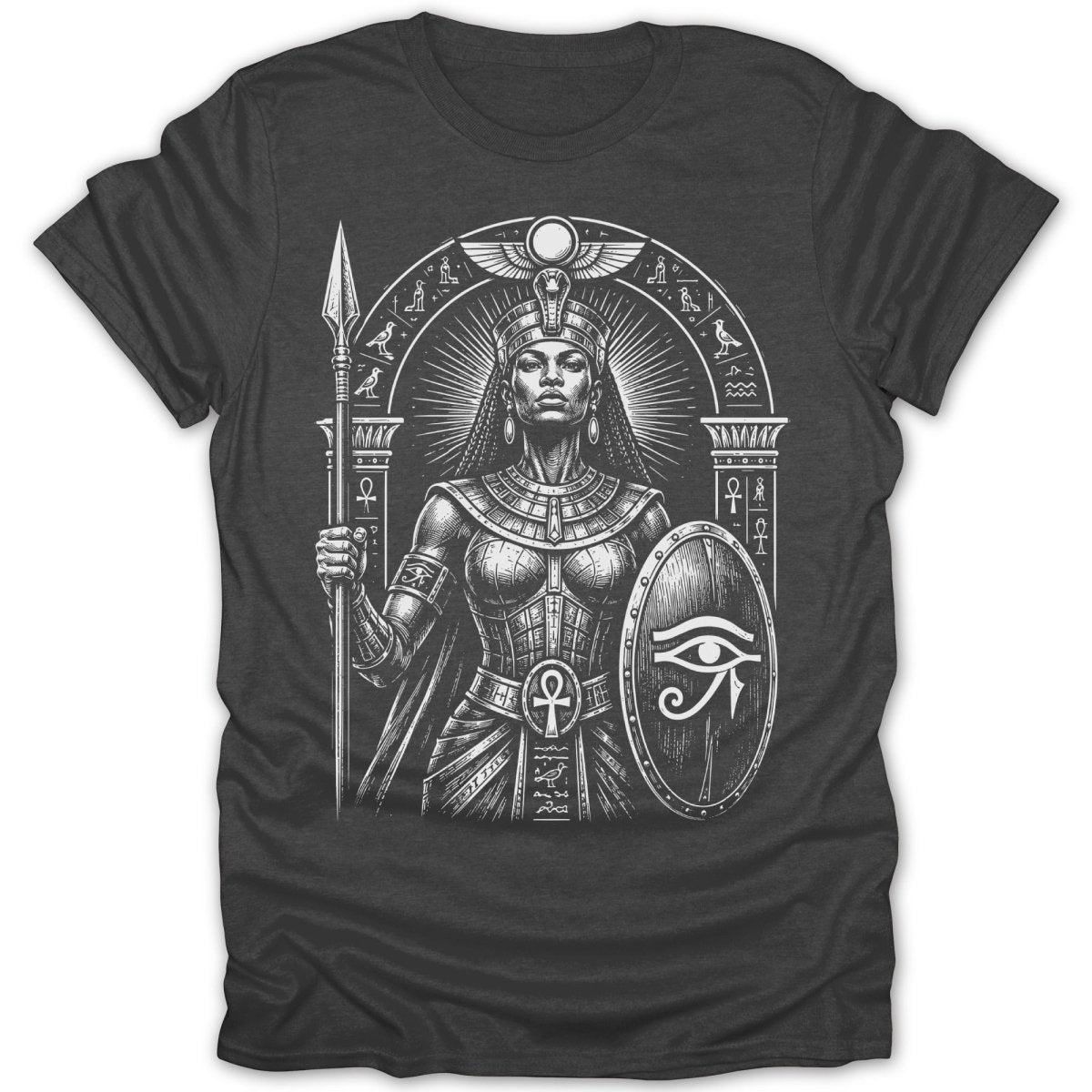 Egyptian warrior woman with spear and shield, wearing headdress and ornate jewelry.