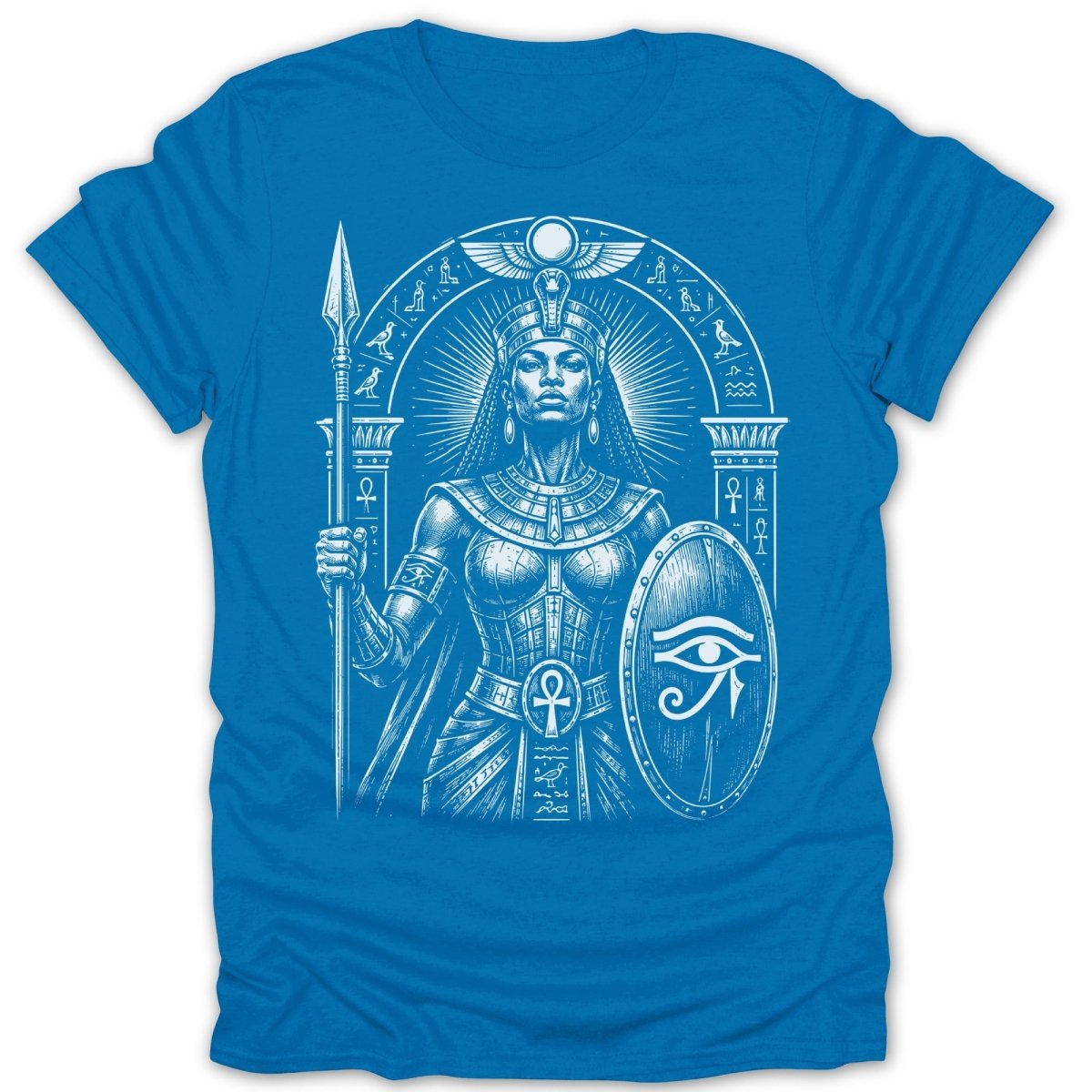 Egyptian warrior woman with spear and Eye of Horus shield.