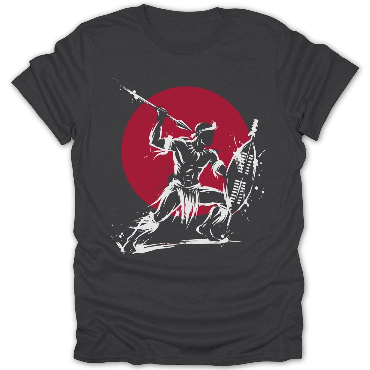 Silhouette of a warrior with spear and shield against a red circle