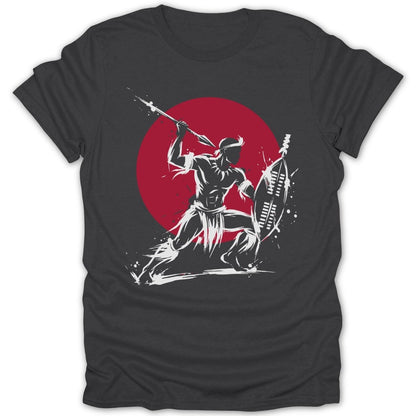 Silhouette of a warrior with spear and shield against a red circle