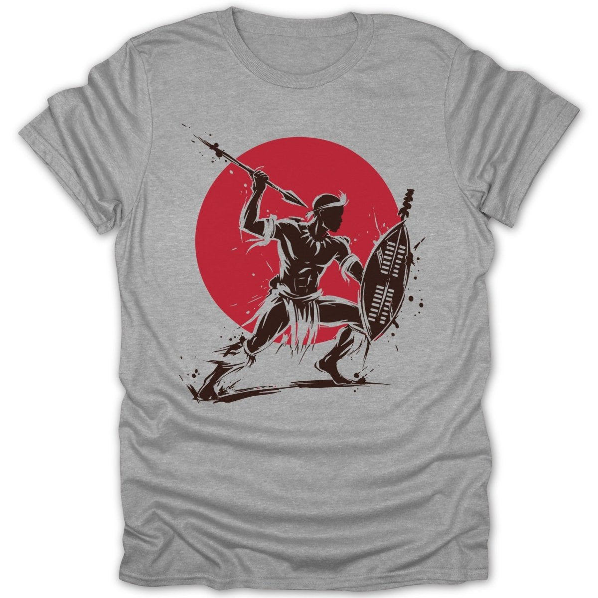 Warrior with spear and shield in front of red circle, brown ink design on gray t-shirt.