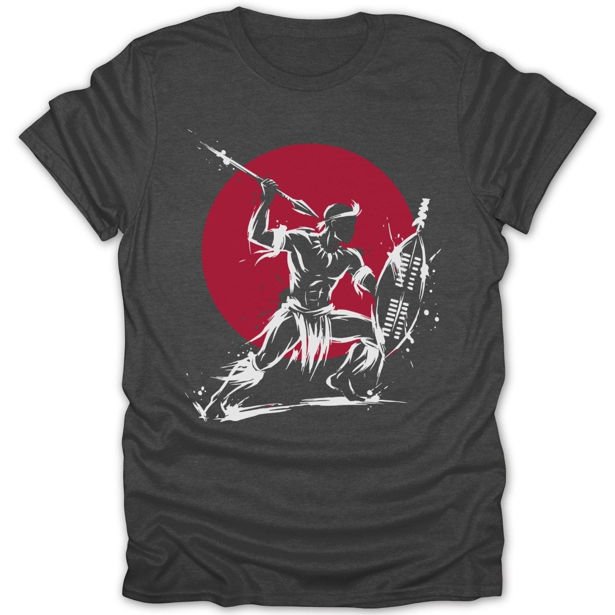 White stylized warrior with spear and shield against a red circle on a dark shirt.