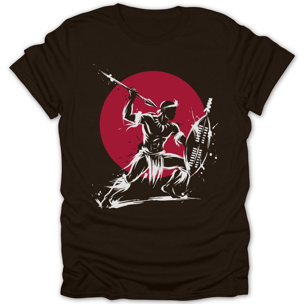 Warrior with spear and shield against a red circle and white splotches.