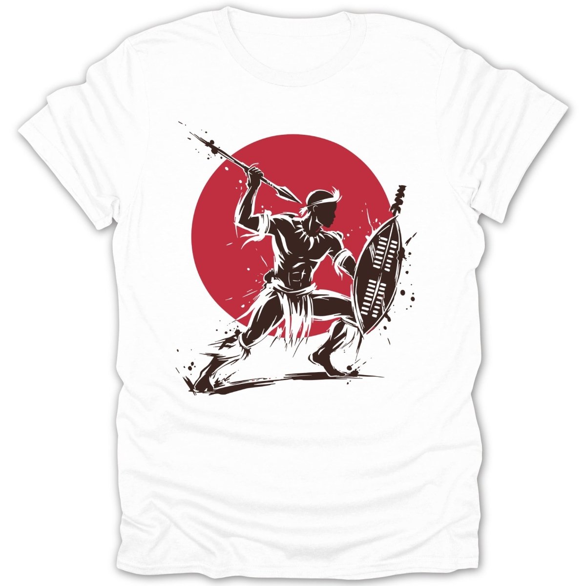 Silhouette of a warrior with spear and shield against a red circle.