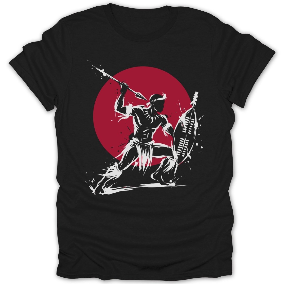 Black t-shirt with white warrior figure, spear, and shield against red circle.