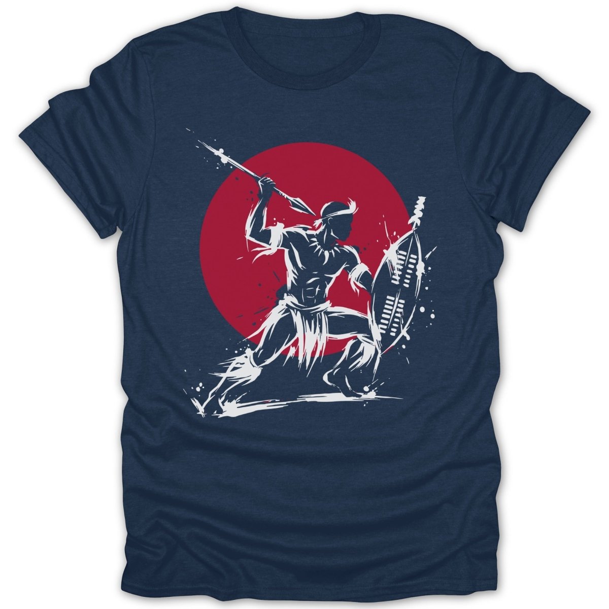A warrior with a spear and shield against a red circle.