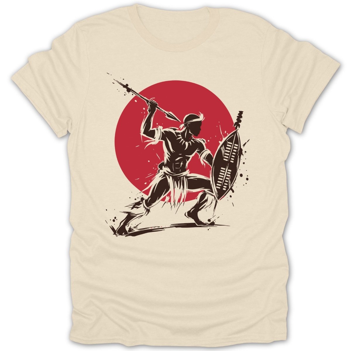 Silhouette of a warrior with spear and shield against a red circle.