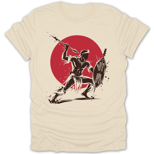 Silhouette of a warrior with spear and shield against a red circle.
