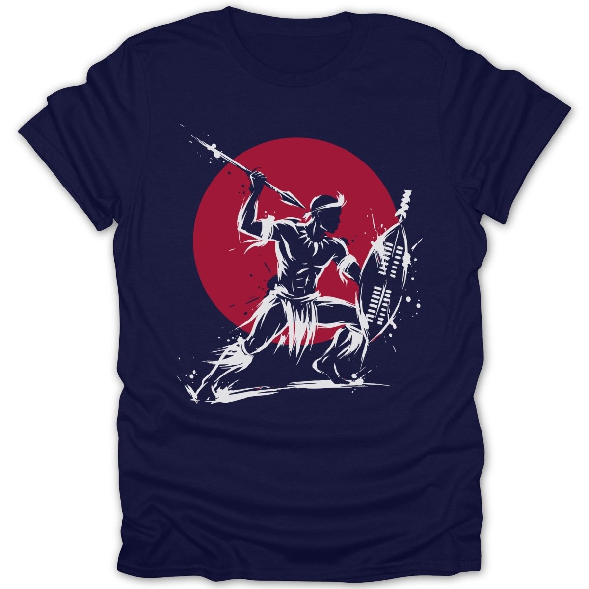 Stylized warrior with spear and shield, front view, against a red circle.