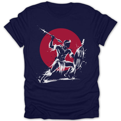 Stylized warrior with spear and shield, front view, against a red circle.