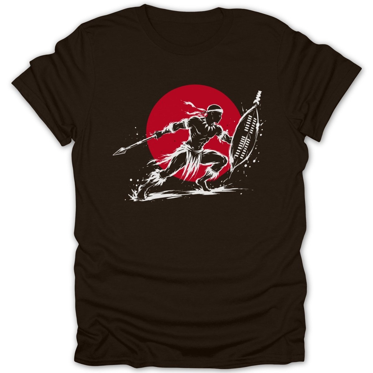Warrior running with spear and shield against red circle background.