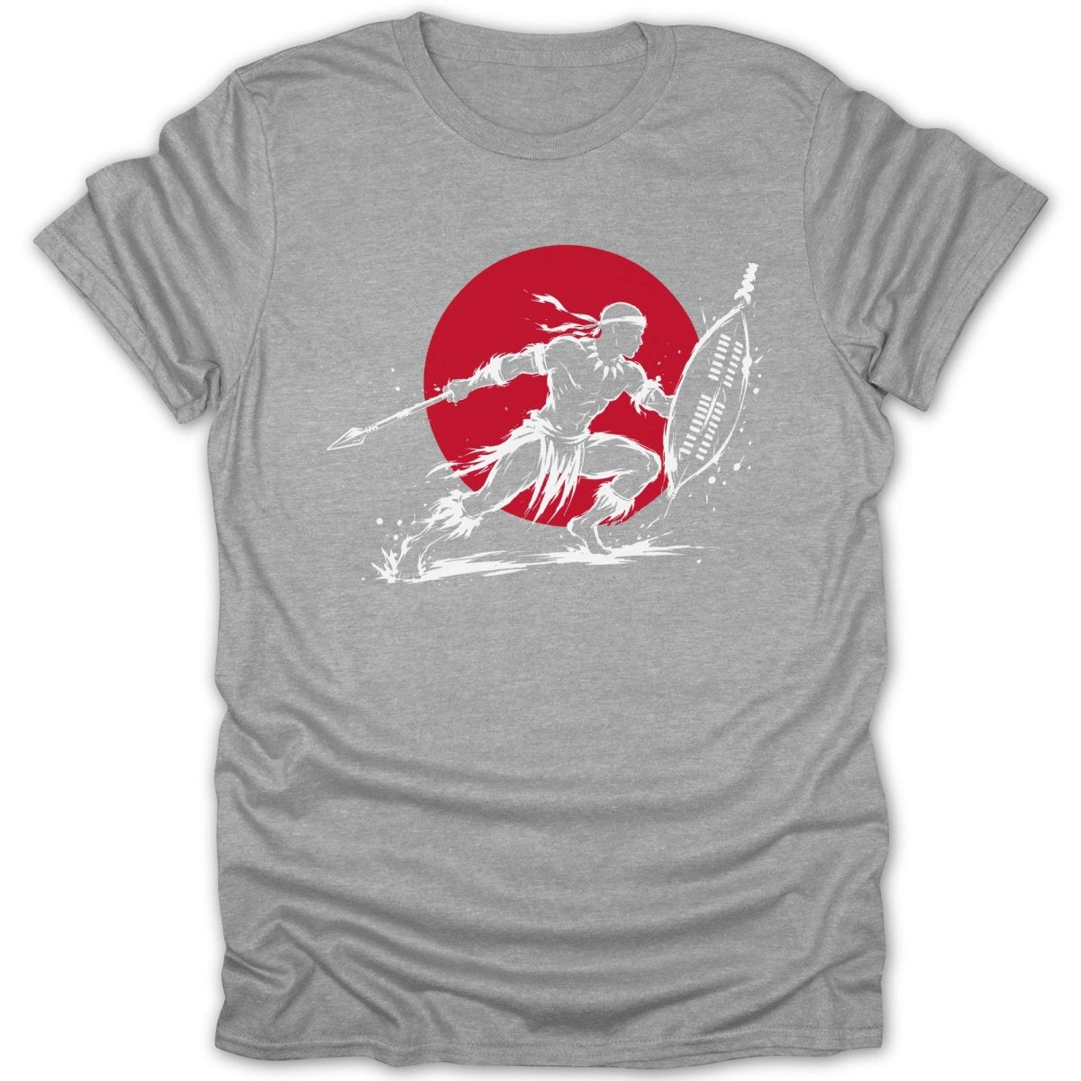Warrior in motion with spear and shield against red circle background.