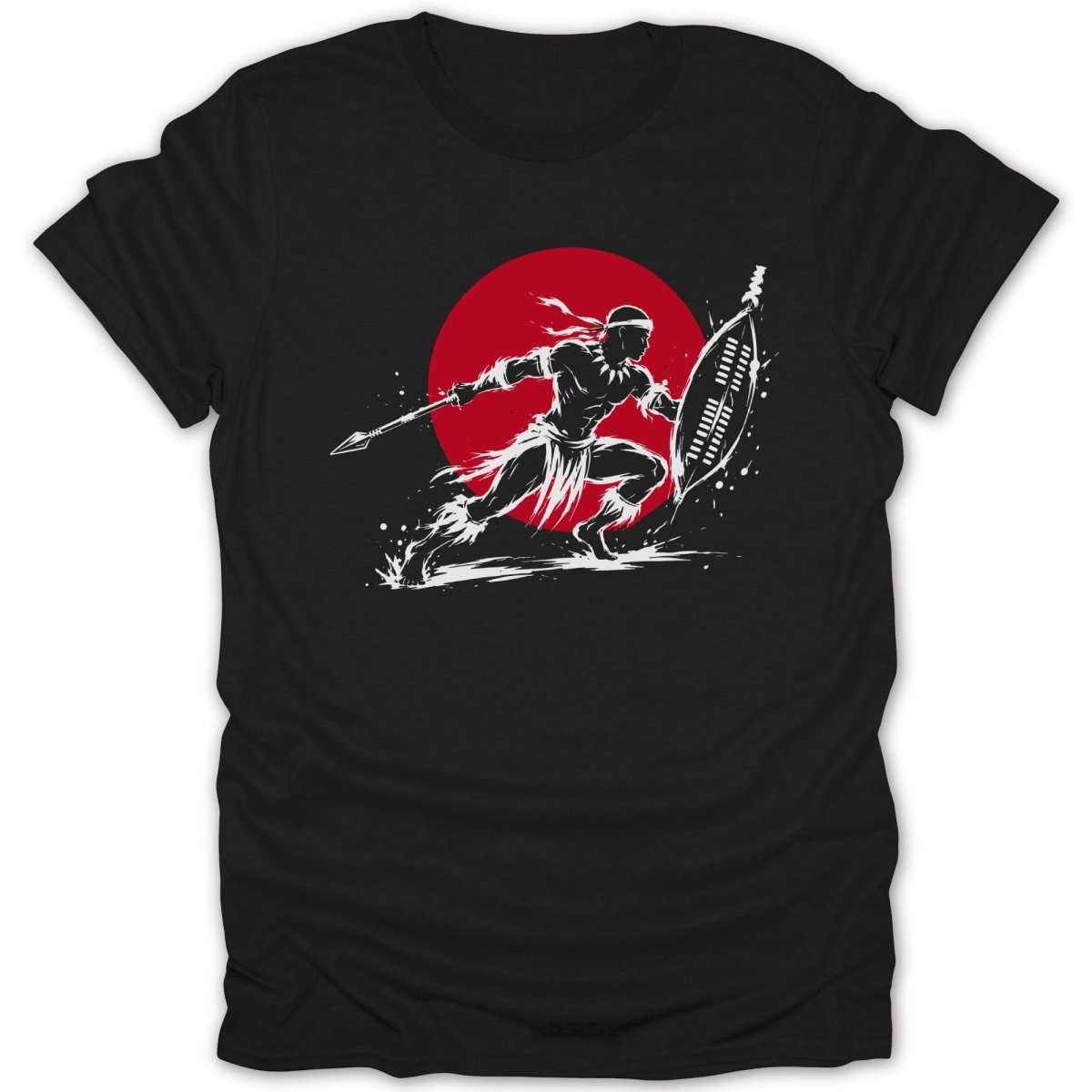 Warrior with spear and shield running against red circle background.