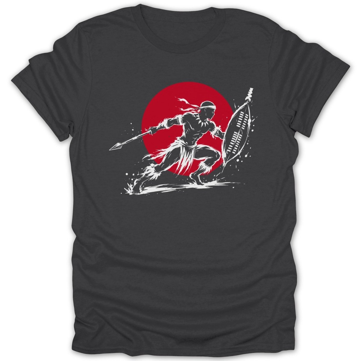 Warrior with spear and shield in front of red circle.