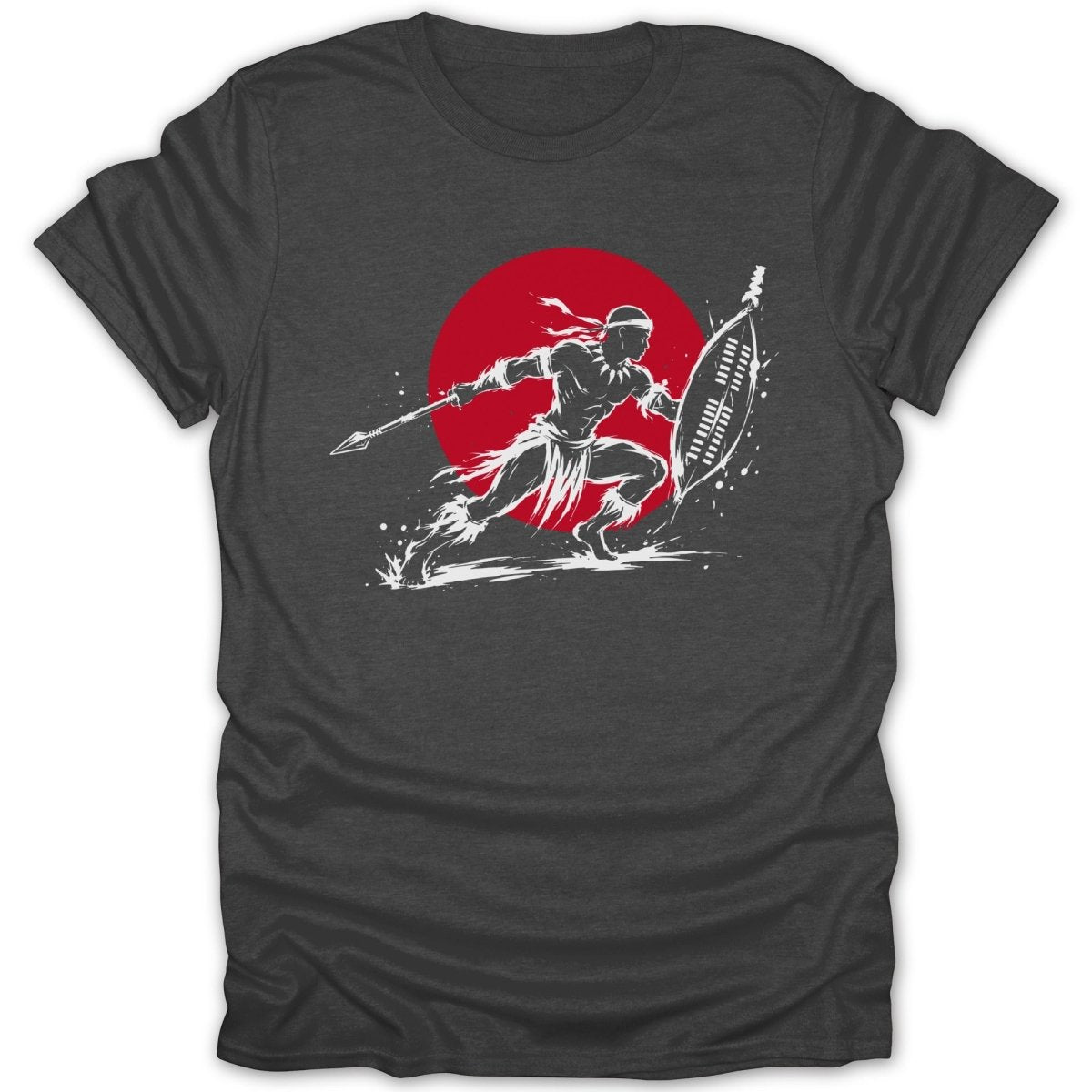 Warrior with spear and shield runs against a red circle.
