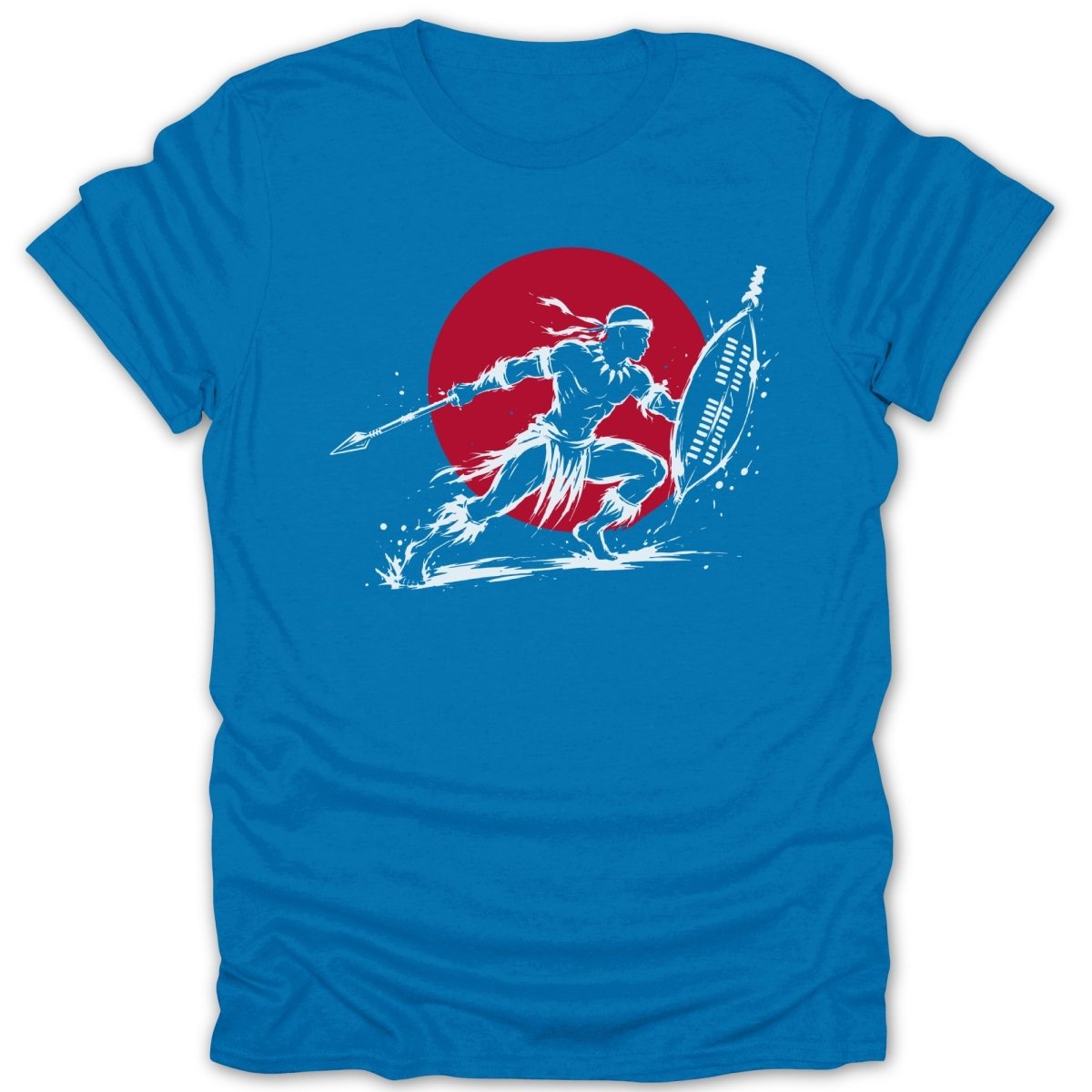 Warrior in running pose with spear and shield, white graphic on blue shirt.