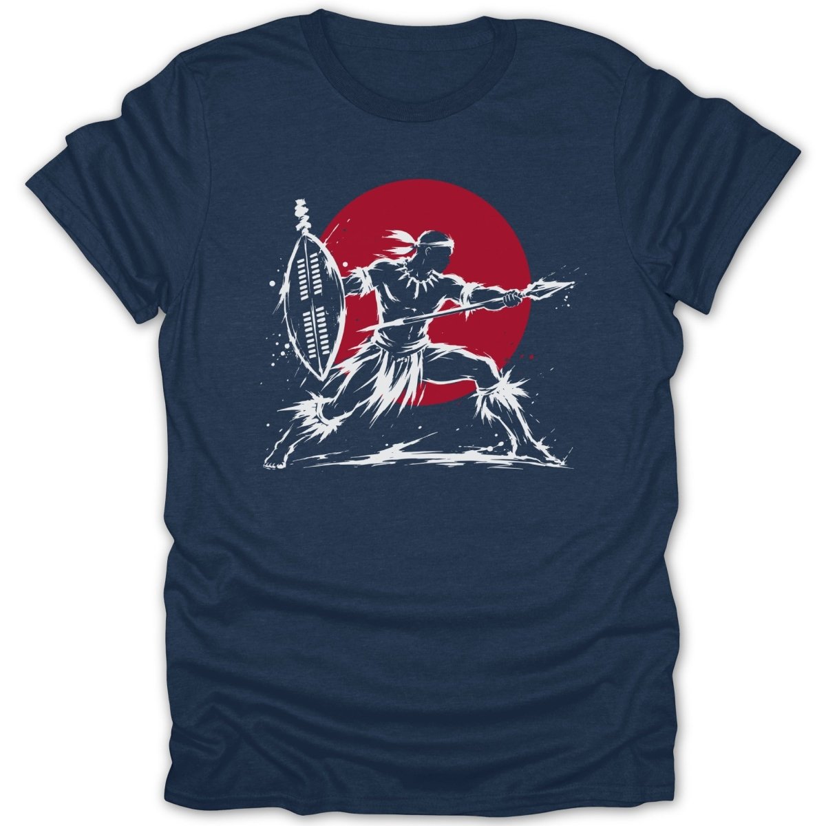 Warrior with spear and shield against a red circle.