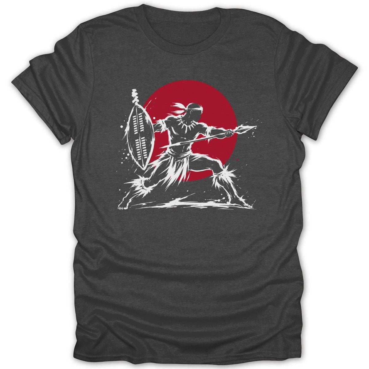 Warrior with spear and shield in front of red circle.