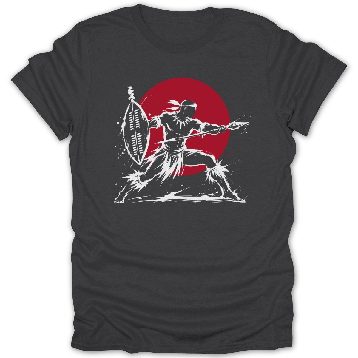 Warrior with shield and spear against red circle background.
